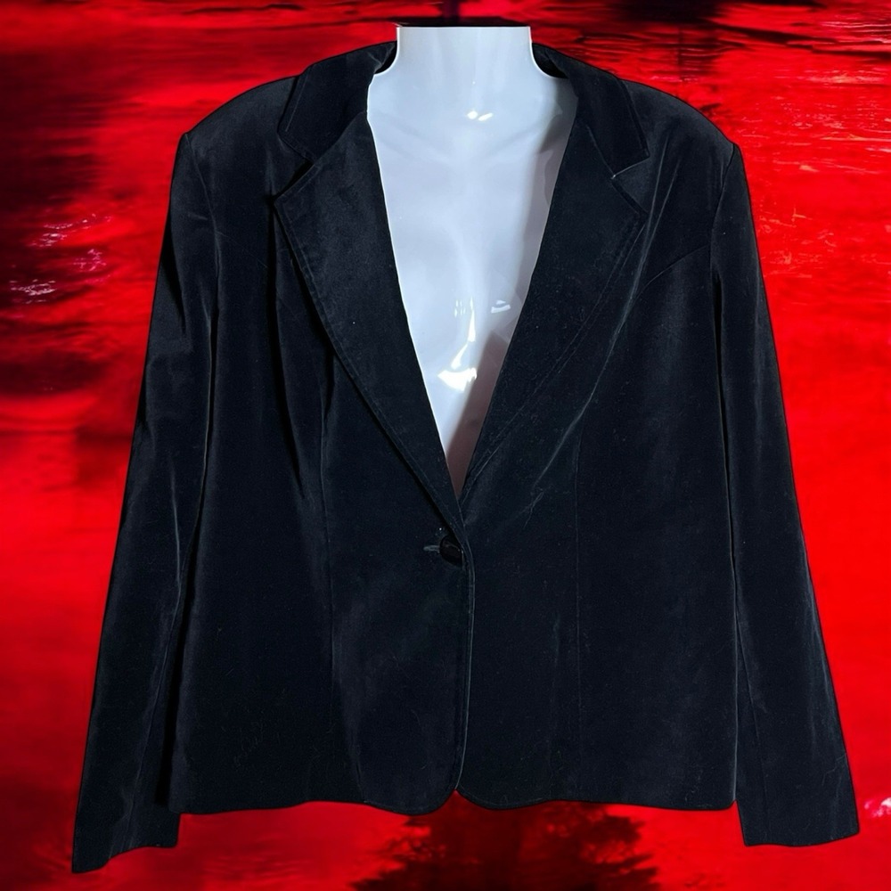 Studio Works Black Velvet‎ One Button Blazer Lined Sz L Office Classic Old Money